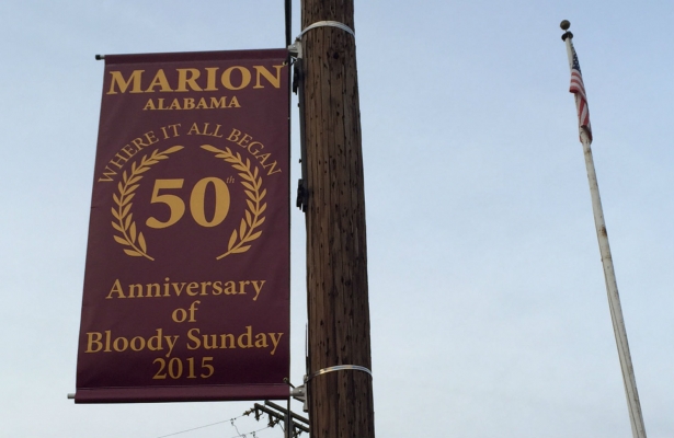 A sign in Marion, Alabama, commemorates the fiftieth anniversary of "Bloody Sunday." (Photo: Ari Berman)